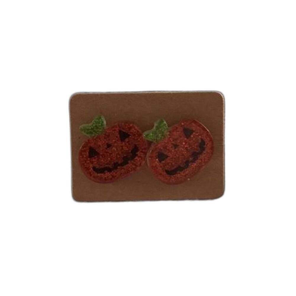 Halloween Pumpkin Stud Earrings Glitter Acrylic Jack O Lantern Spooky Fall